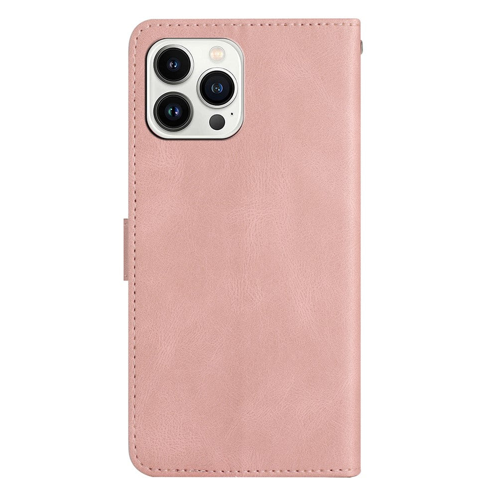 For iPhone 14 Pro Max Crazy Horse Texture PU Leather Flip Case Imprinted Lines Stand Wallet Folio Cover with Strap