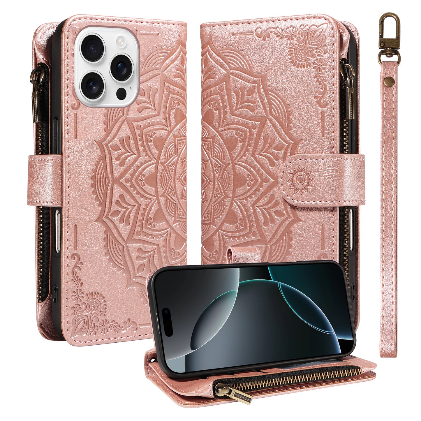 For iPhone 16 Pro Max Wallet Case Mandala Embossed Leather Flip Cover 9 Card Slots Zipper Pocket RFID Blocking Shell with Wrist Strap