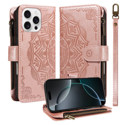 For iPhone 16 Pro Max Wallet Case Mandala Embossed Leather Flip Cover 9 Card Slots Zipper Pocket RFID Blocking Shell with Wrist Strap