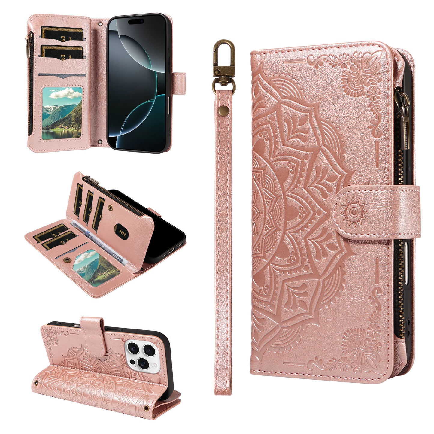 For iPhone 16 Pro Max Wallet Case Mandala Embossed Leather Flip Cover 9 Card Slots Zipper Pocket RFID Blocking Shell with Wrist Strap
