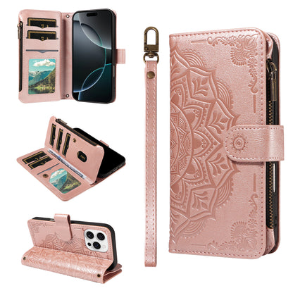 For iPhone 16 Pro Max Wallet Case Mandala Embossed Leather Flip Cover 9 Card Slots Zipper Pocket RFID Blocking Shell with Wrist Strap