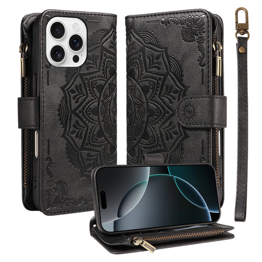 For iPhone 16 Pro Max Wallet Case Mandala Embossed Leather Flip Cover 9 Card Slots Zipper Pocket RFID Blocking Shell with Wrist Strap