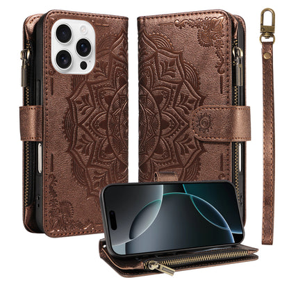 For iPhone 16 Pro Max Wallet Case Mandala Embossed Leather Flip Cover 9 Card Slots Zipper Pocket RFID Blocking Shell with Wrist Strap