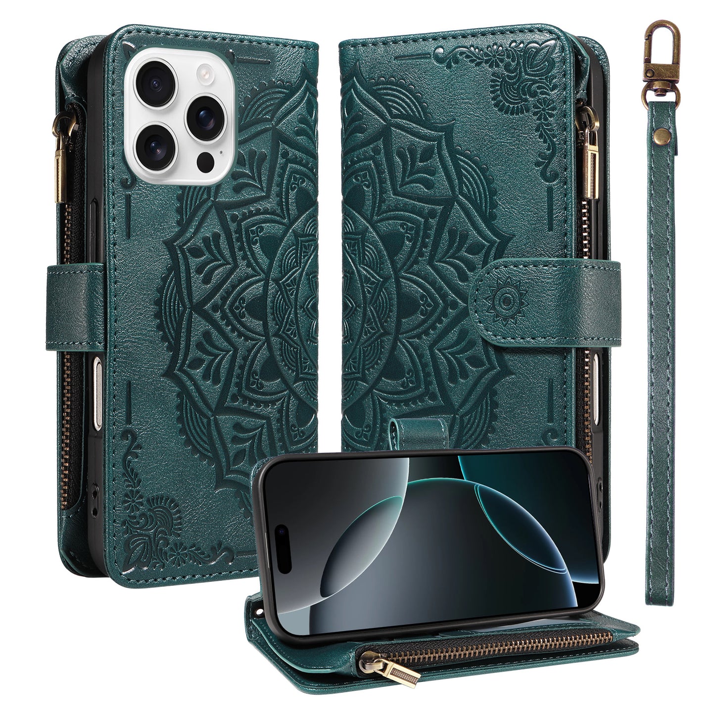 For iPhone 16 Pro Max Wallet Case Mandala Embossed Leather Flip Cover 9 Card Slots Zipper Pocket RFID Blocking Shell with Wrist Strap