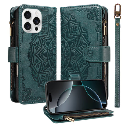 For iPhone 16 Pro Max Wallet Case Mandala Embossed Leather Flip Cover 9 Card Slots Zipper Pocket RFID Blocking Shell with Wrist Strap