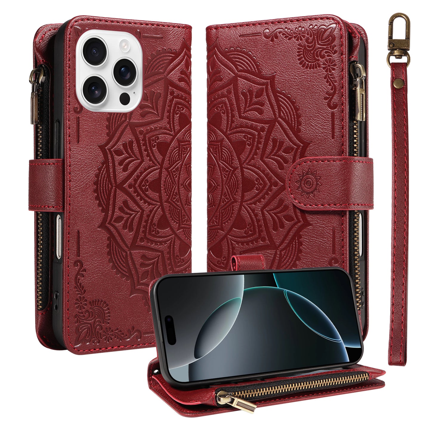 For iPhone 16 Pro Max Wallet Case Mandala Embossed Leather Flip Cover 9 Card Slots Zipper Pocket RFID Blocking Shell with Wrist Strap