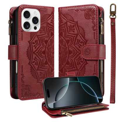 For iPhone 16 Pro Max Wallet Case Mandala Embossed Leather Flip Cover 9 Card Slots Zipper Pocket RFID Blocking Shell with Wrist Strap