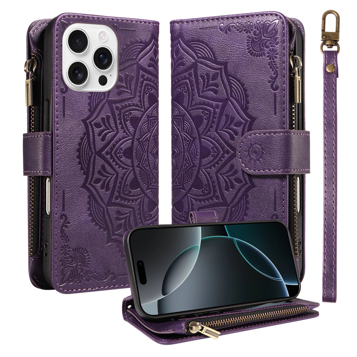 For iPhone 16 Pro Max Wallet Case Mandala Embossed Leather Flip Cover 9 Card Slots Zipper Pocket RFID Blocking Shell with Wrist Strap