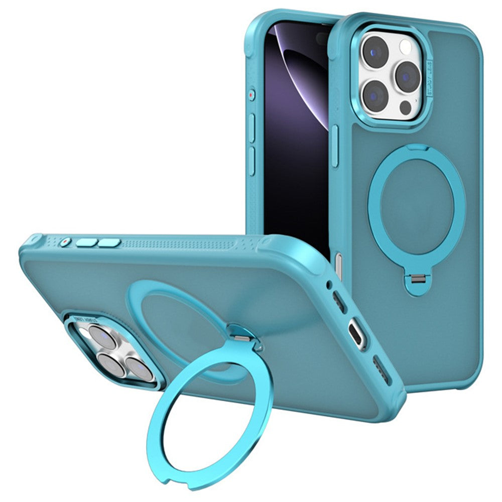 For iPhone 16 Pro Max Semi-transparent Frosted Back Cover Skin-friendly TPU PC Case with 360° Magnetic Rotating Kickstand