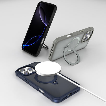 For iPhone 16 Pro Max Semi-transparent Frosted Back Cover Skin-friendly TPU PC Case with 360° Magnetic Rotating Kickstand