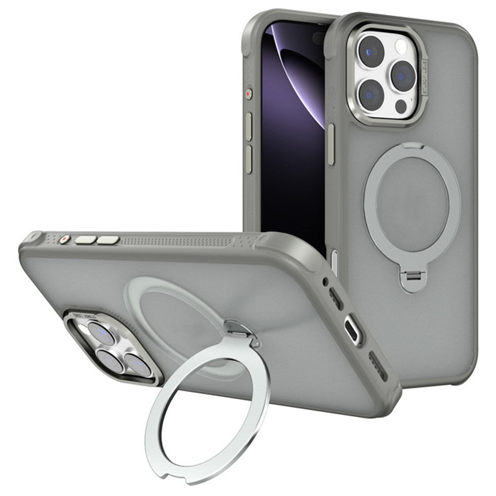 For iPhone 16 Pro Max Semi-transparent Frosted Back Cover Skin-friendly TPU PC Case with 360° Magnetic Rotating Kickstand