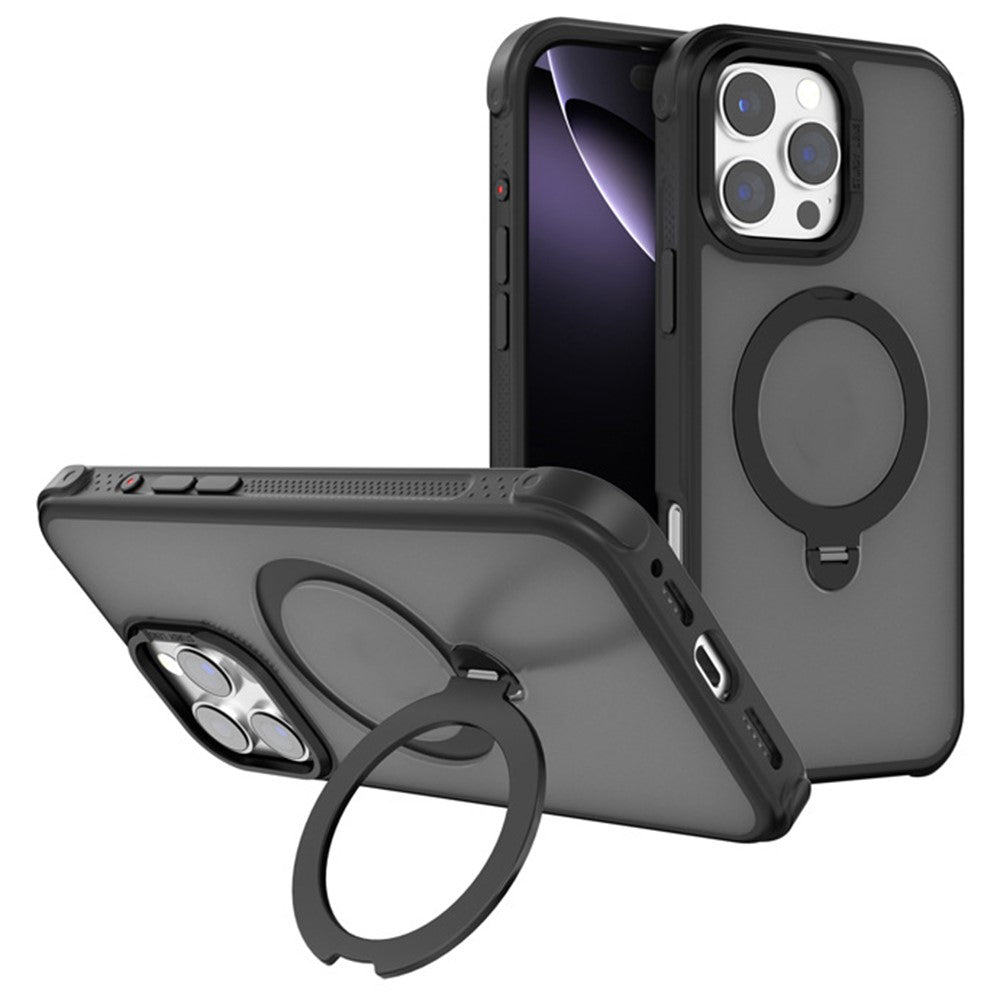 For iPhone 16 Pro Max Semi-transparent Frosted Back Cover Skin-friendly TPU PC Case with 360° Magnetic Rotating Kickstand