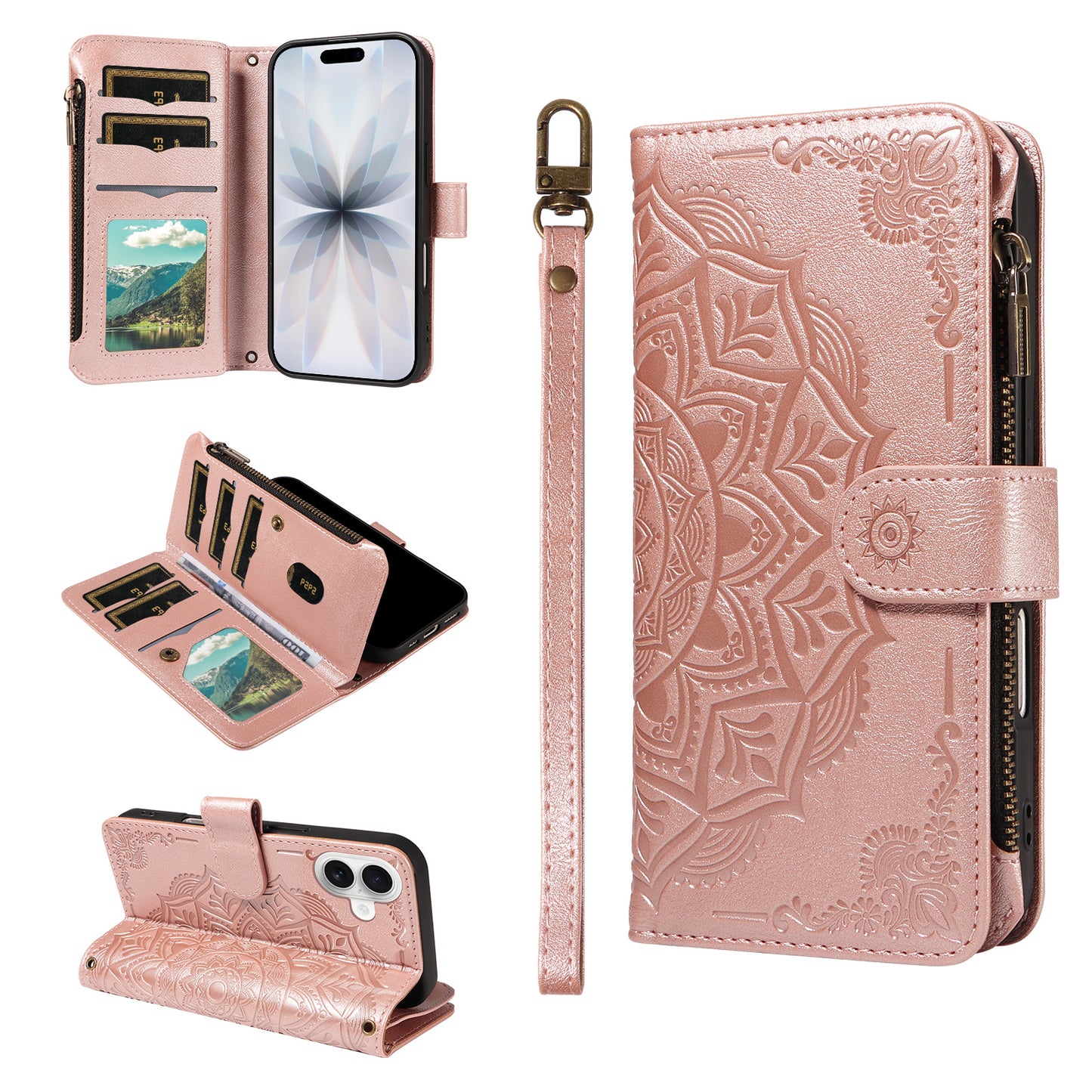 For iPhone 17 Wallet Case 9 Card Slots RFID Blocking Mandala Embossed Leather Flip Cover with Wrist Strap