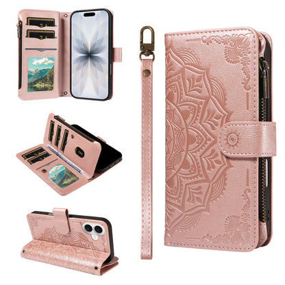 For iPhone 17 Wallet Case 9 Card Slots RFID Blocking Mandala Embossed Leather Flip Cover with Wrist Strap
