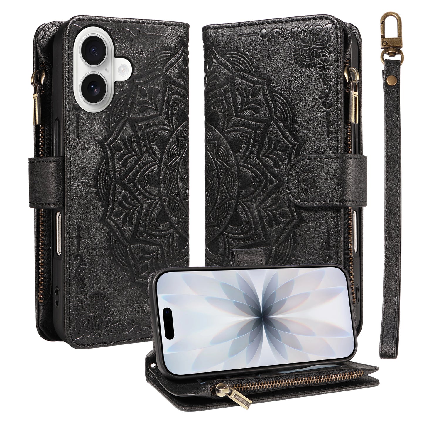 For iPhone 17 Wallet Case 9 Card Slots RFID Blocking Mandala Embossed Leather Flip Cover with Wrist Strap
