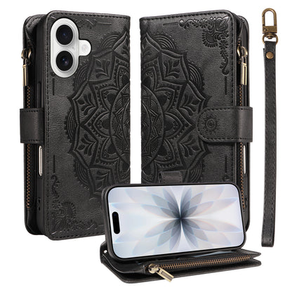 For iPhone 17 Wallet Case 9 Card Slots RFID Blocking Mandala Embossed Leather Flip Cover with Wrist Strap