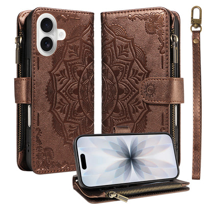 For iPhone 17 Wallet Case 9 Card Slots RFID Blocking Mandala Embossed Leather Flip Cover with Wrist Strap