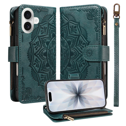 For iPhone 17 Wallet Case 9 Card Slots RFID Blocking Mandala Embossed Leather Flip Cover with Wrist Strap