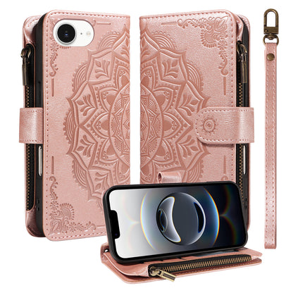 For iPhone 16e / iPhone 17e Wallet Case Mandala Embossed Leather Flip Cover 9 Card Slots Zipper Pocket RFID Blocking Shell with Wrist Strap