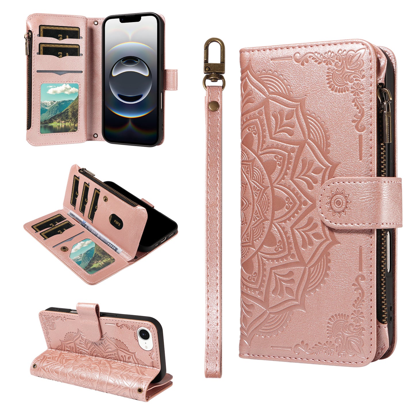 For iPhone 16e / iPhone 17e Wallet Case Mandala Embossed Leather Flip Cover 9 Card Slots Zipper Pocket RFID Blocking Shell with Wrist Strap