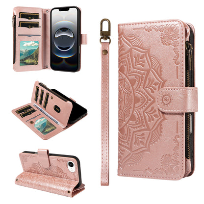 For iPhone 16e / iPhone 17e Wallet Case Mandala Embossed Leather Flip Cover 9 Card Slots Zipper Pocket RFID Blocking Shell with Wrist Strap