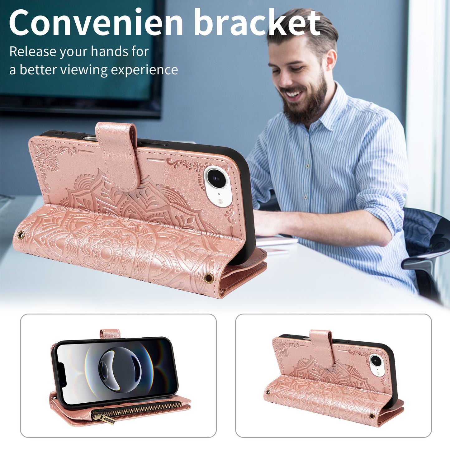 For iPhone 16e / iPhone 17e Wallet Case Mandala Embossed Leather Flip Cover 9 Card Slots Zipper Pocket RFID Blocking Shell with Wrist Strap