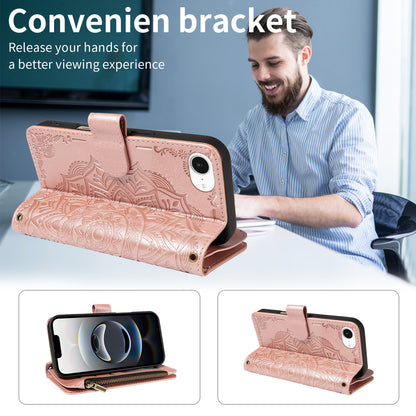For iPhone 16e / iPhone 17e Wallet Case Mandala Embossed Leather Flip Cover 9 Card Slots Zipper Pocket RFID Blocking Shell with Wrist Strap