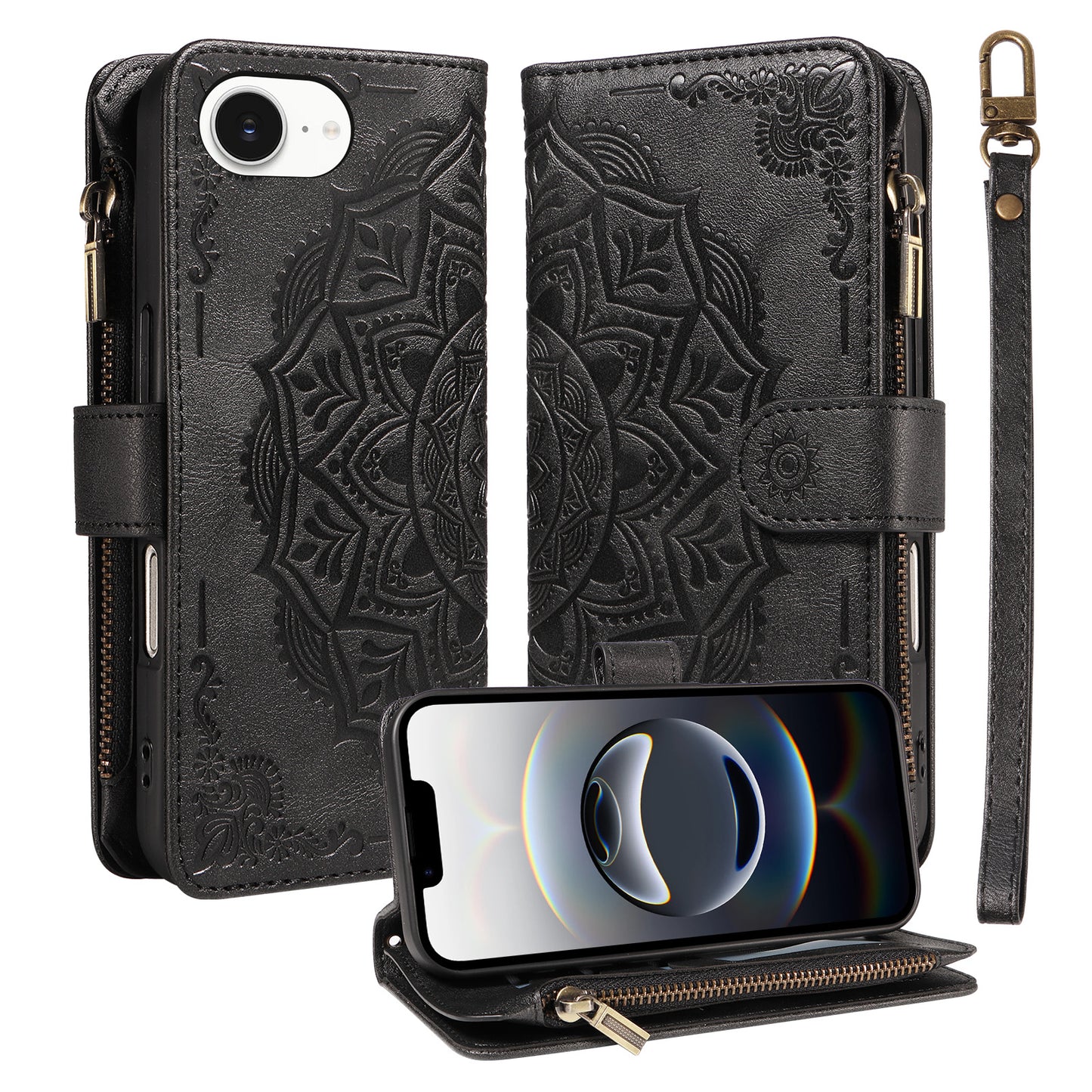 For iPhone 16e / iPhone 17e Wallet Case Mandala Embossed Leather Flip Cover 9 Card Slots Zipper Pocket RFID Blocking Shell with Wrist Strap