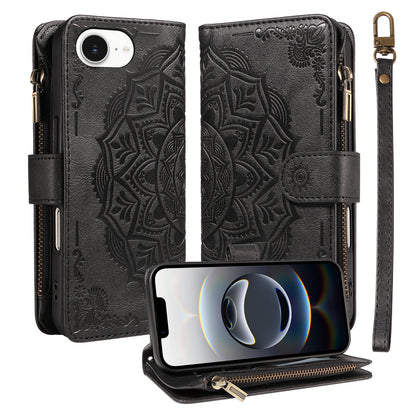 For iPhone 16e / iPhone 17e Wallet Case Mandala Embossed Leather Flip Cover 9 Card Slots Zipper Pocket RFID Blocking Shell with Wrist Strap