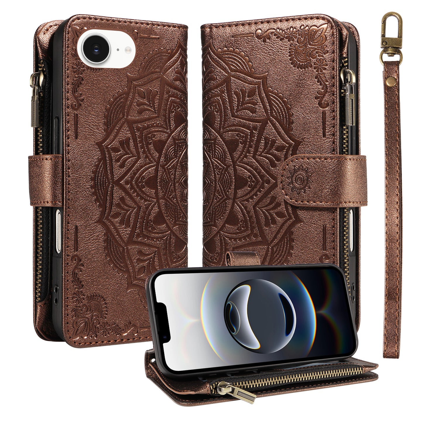 For iPhone 16e / iPhone 17e Wallet Case Mandala Embossed Leather Flip Cover 9 Card Slots Zipper Pocket RFID Blocking Shell with Wrist Strap