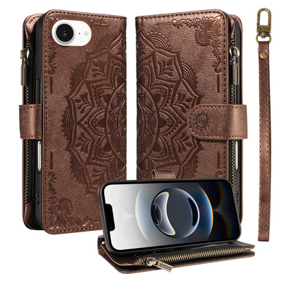 For iPhone 16e / iPhone 17e Wallet Case Mandala Embossed Leather Flip Cover 9 Card Slots Zipper Pocket RFID Blocking Shell with Wrist Strap