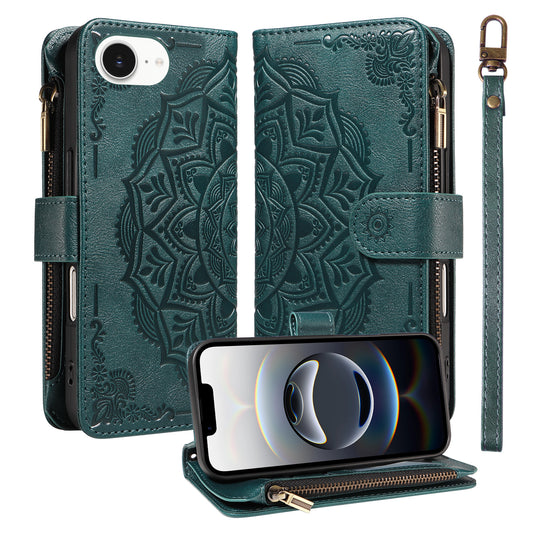 For iPhone 16e / iPhone 17e Wallet Case Mandala Embossed Leather Flip Cover 9 Card Slots Zipper Pocket RFID Blocking Shell with Wrist Strap