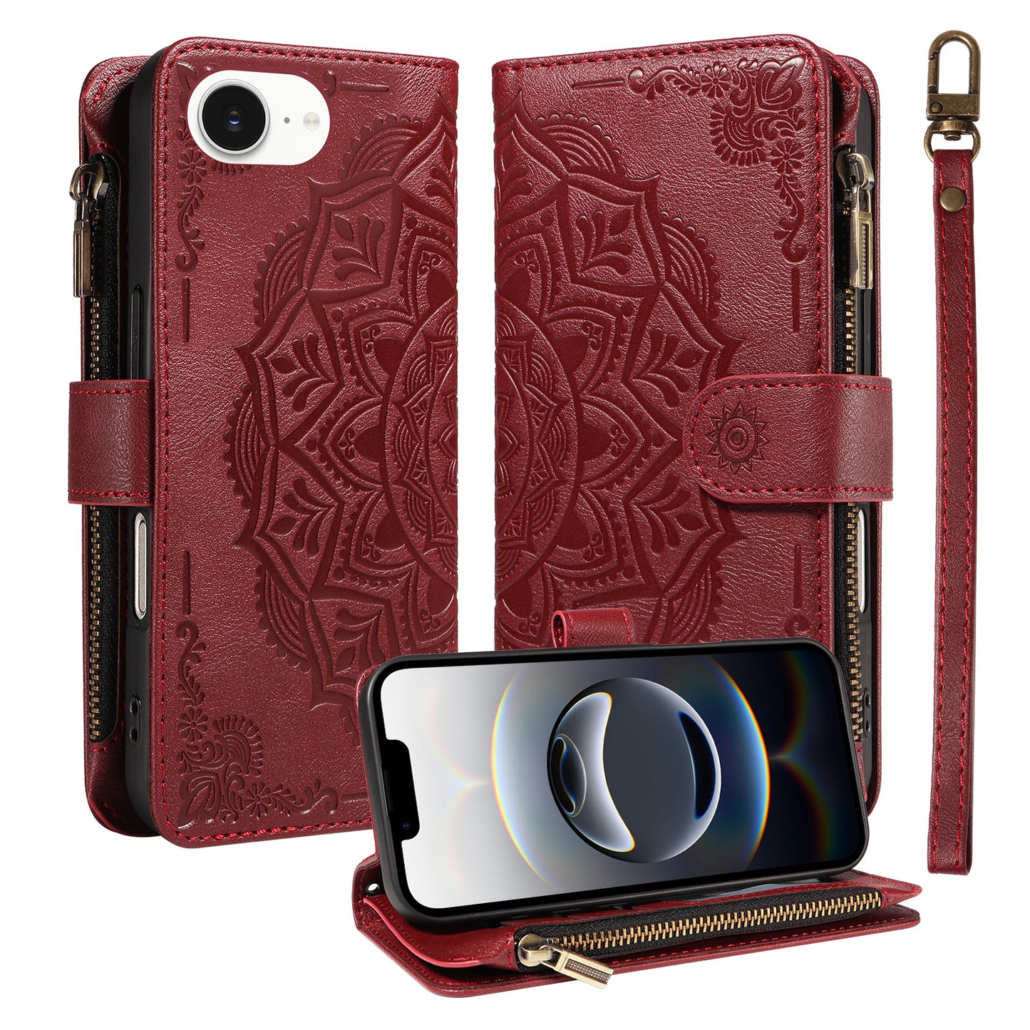 For iPhone 16e / iPhone 17e Wallet Case Mandala Embossed Leather Flip Cover 9 Card Slots Zipper Pocket RFID Blocking Shell with Wrist Strap