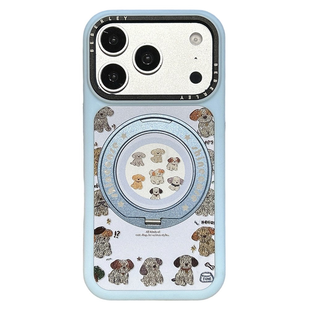 For iPhone 17 Pro Mobile Phone Case Cartoon Dog Pattern PC Protective Cover with 360° Rotating Kickstand