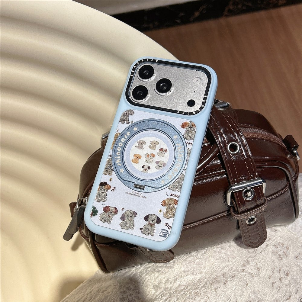 For iPhone 17 Pro Mobile Phone Case Cartoon Dog Pattern PC Protective Cover with 360° Rotating Kickstand