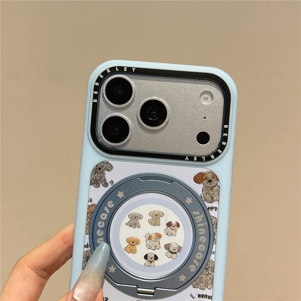 For iPhone 17 Pro Mobile Phone Case Cartoon Dog Pattern PC Protective Cover with 360° Rotating Kickstand