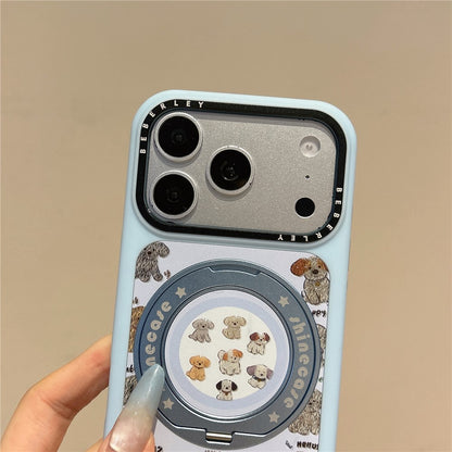 For iPhone 17 Pro Mobile Phone Case Cartoon Dog Pattern PC Protective Cover with 360° Rotating Kickstand