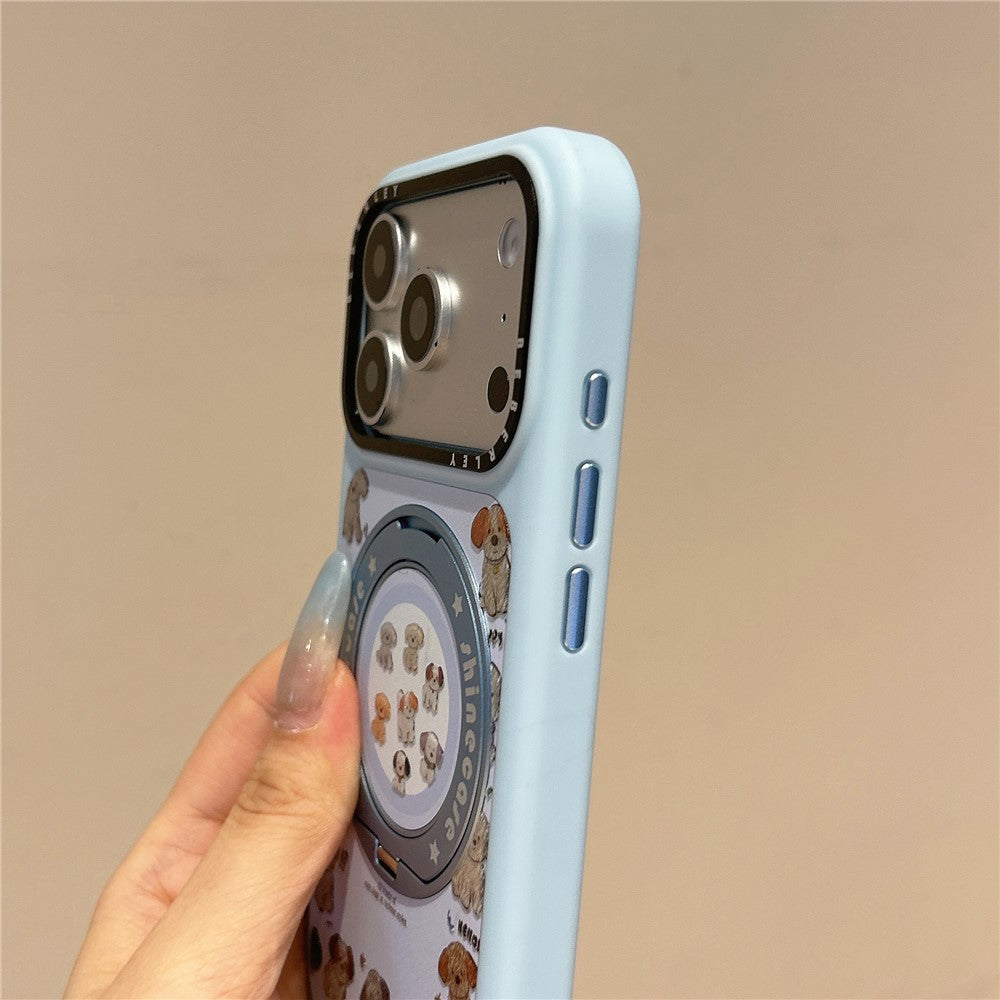 For iPhone 17 Pro Mobile Phone Case Cartoon Dog Pattern PC Protective Cover with 360° Rotating Kickstand