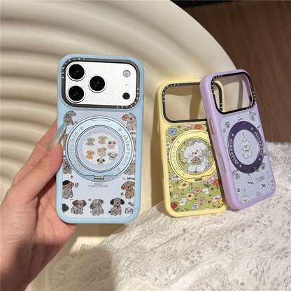 For iPhone 17 Pro Mobile Phone Case Cartoon Dog Pattern PC Protective Cover with 360° Rotating Kickstand