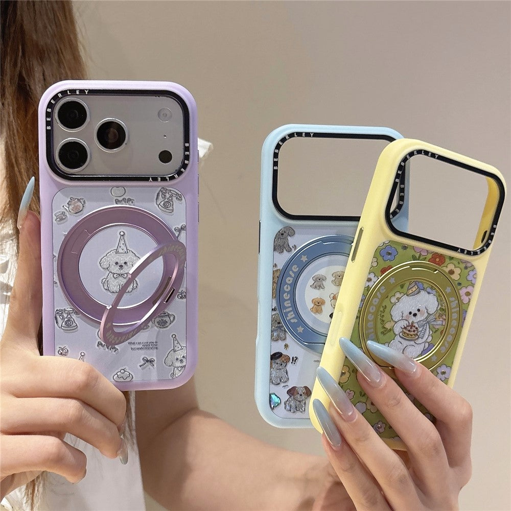 For iPhone 17 Pro Mobile Phone Case Cartoon Dog Pattern PC Protective Cover with 360° Rotating Kickstand