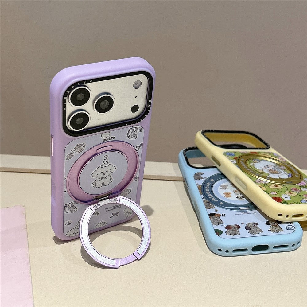 For iPhone 17 Pro Mobile Phone Case Cartoon Dog Pattern PC Protective Cover with 360° Rotating Kickstand