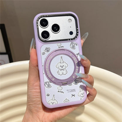 For iPhone 17 Pro Mobile Phone Case Cartoon Dog Pattern PC Protective Cover with 360° Rotating Kickstand