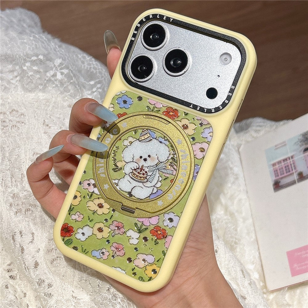 For iPhone 17 Pro Mobile Phone Case Cartoon Dog Pattern PC Protective Cover with 360° Rotating Kickstand
