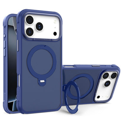 For iPhone 17 Pro Max Semi-transparent Frosted Back Cover Skin-friendly TPU PC Case with 360° Magnetic Rotating Kickstand