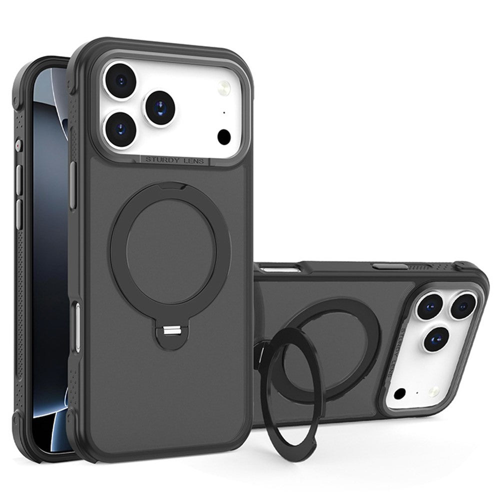 For iPhone 17 Pro Max Semi-transparent Frosted Back Cover Skin-friendly TPU PC Case with 360° Magnetic Rotating Kickstand