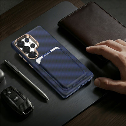 For Samsung Galaxy S25 Ultra Magnetic Case Carbon Fiber Texture Leather Back Phone Cover with Detachable Card Holder