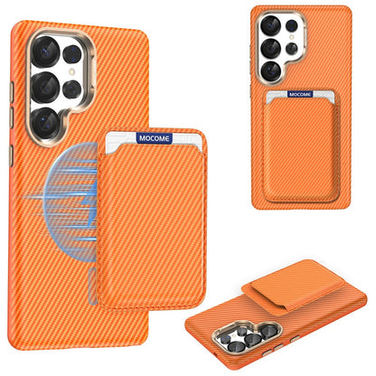 For Samsung Galaxy S25 Ultra Magnetic Case Carbon Fiber Texture Leather Back Phone Cover with Detachable Card Holder