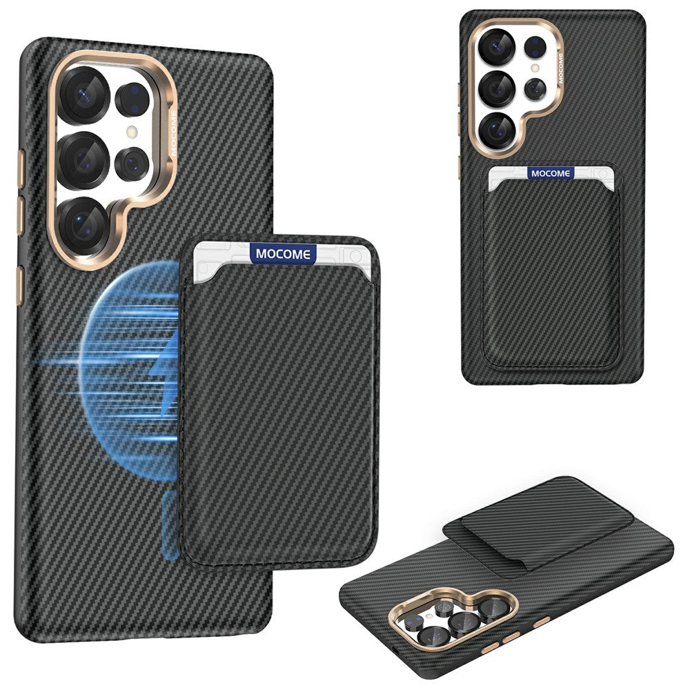 For Samsung Galaxy S25 Ultra Magnetic Case Carbon Fiber Texture Leather Back Phone Cover with Detachable Card Holder