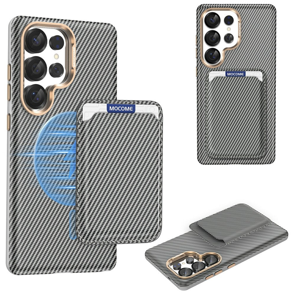 For Samsung Galaxy S25 Ultra Magnetic Case Carbon Fiber Texture Leather Back Phone Cover with Detachable Card Holder