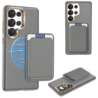 For Samsung Galaxy S25 Ultra Magnetic Case Carbon Fiber Texture Leather Back Phone Cover with Detachable Card Holder
